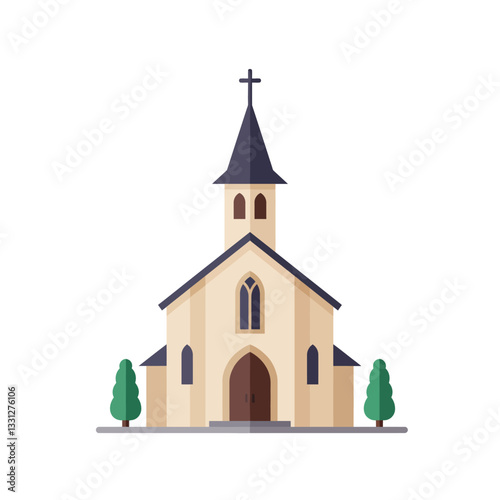 Elegant church design in flat style with trees and minimal details vector illustration