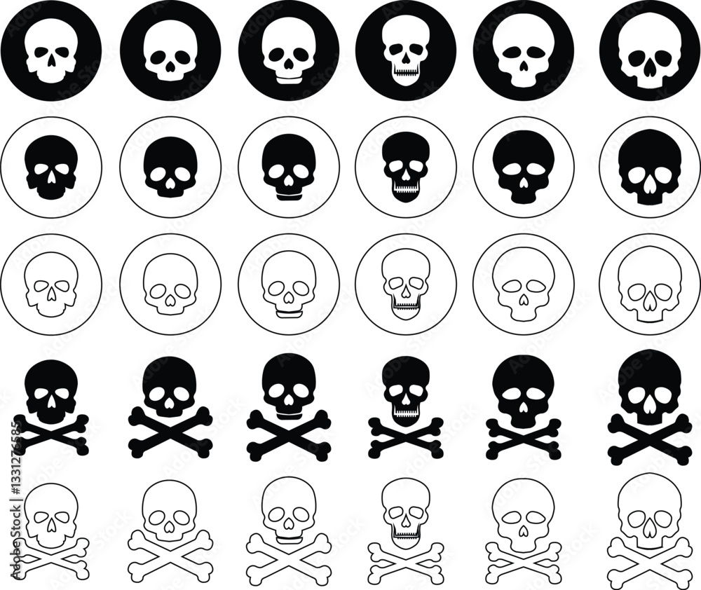 Skull crossbone pirate icon set logo Halloween ghost graphic danger anatomy symbol Silhouette. Cartoon skull death flat and line vector collection isolated on transparent background for apps and game Skull crossbone pirate icon set logo Halloween ghost graphic danger anatomy symbol Silhouette. Cartoon skull death flat and line vector collection isolated on transparent background for apps and game
