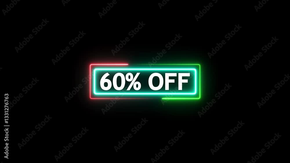 Discount 60% off percent banner animation illustration isolated on black background.60% percent off neon sign banner. Discount 60% off percent banner animation illustration isolated on black background.60% percent off neon sign banner.