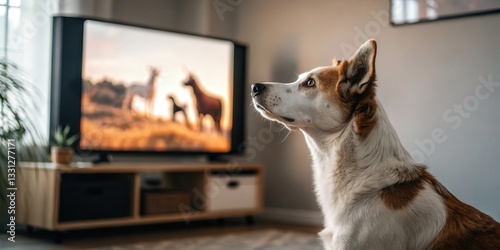 Dog watching tv and reacting to animal scene living room photography domestic environment close-up view pet behavior insights