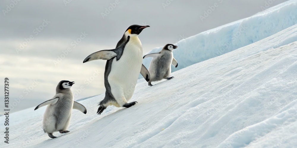 Obraz premium Playful penguins sliding on ice antarctic region wildlife photography icy environment close-up view family dynamics in nature