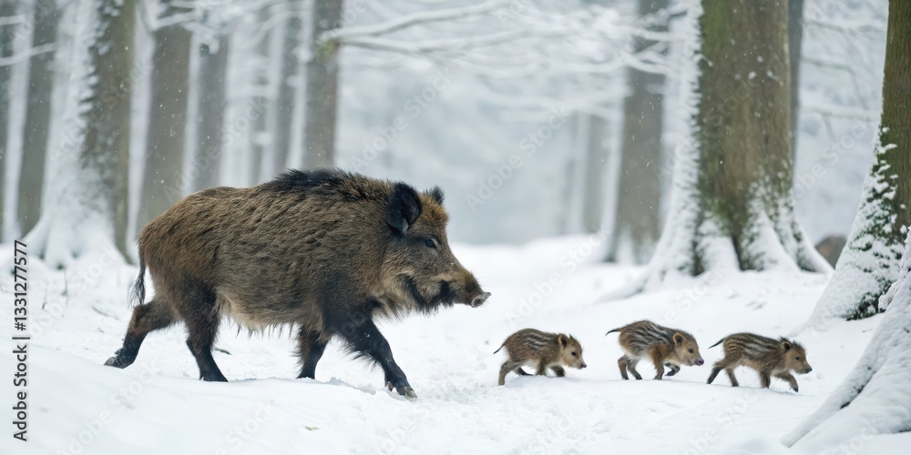Wild boars walking through a snowy forest nature photography winter wonderland wildlife scenic viewpoint family of wild boars in their natural habitat Wild boars walking through a snowy forest nature photography winter wonderland wildlife scenic viewpoint family of wild boars in their natural habitat