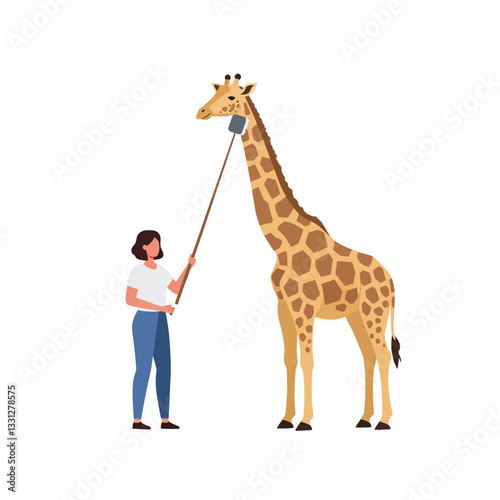 Giraffe with a woman feeding it in flat vector art style