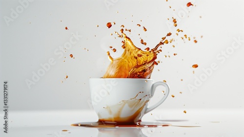 A slow-motion coffee splash rising from a white ceramic cup, with steam and rich brown tones, set against white.