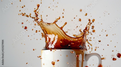 A slow-motion coffee splash rising from a white ceramic cup, with steam and rich brown tones, set against white.