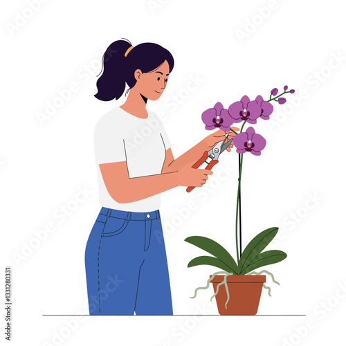 Woman pruning beautiful orchid plant in flat vector illustration style