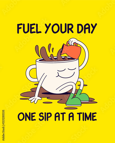 Smiling coffee cup pouring more coffee into itself with the text "FUEL YOUR DAY ONE SIP AT A TIME." Perfect for coffee lovers, cafes, and motivational designs. Great for prints, posters