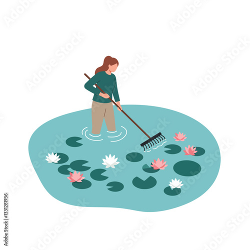 Woman tending to water lilies in a pond, minimal style vector illustration