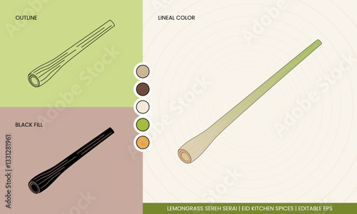 Lemongrass Serai Sereh vector icon in outline, black fill, and lineal color styles. Perfect for eid food spice and herbal designs. Editable EPS, ideal for packaging, branding, and digital use.