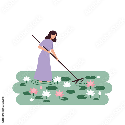 Woman tending to water lilies in a serene pond flat vector art