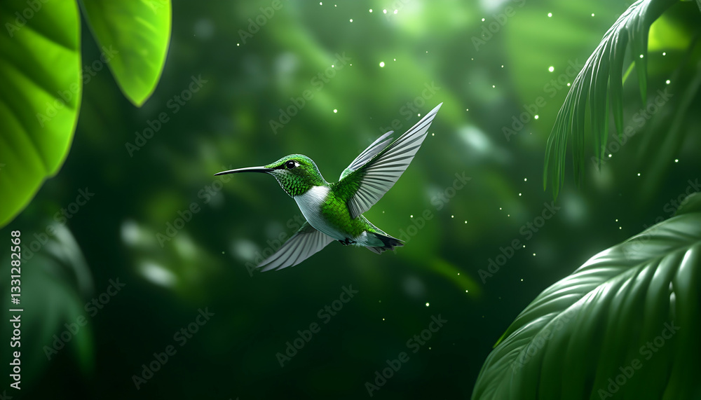 Fototapeta premium A vibrant green hummingbird in flight amidst lush, green tropical foliage