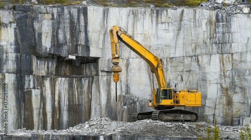 Industrial rock drill penetrating solid stone in a quarry