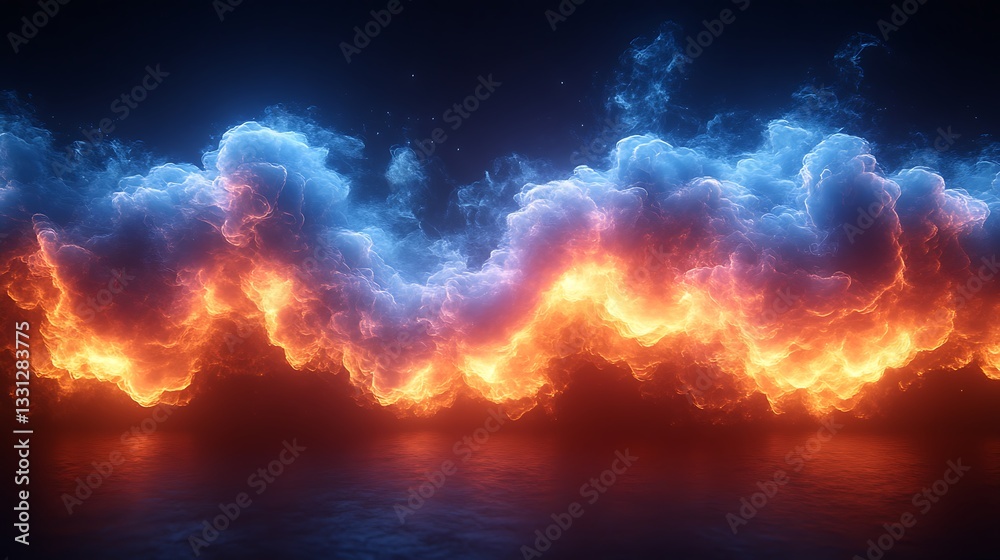 Naklejka premium Fiery and icy cloudscape reflected on dark water.