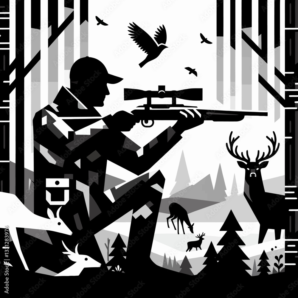 Logotipo vetorial da silhueta de um caçador com rifle na natureza em estilo de design plano sobre fundo clipart transparente isolado em formato vetorial, perfeito para branding e projetos ao ar livre.