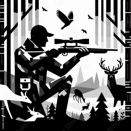 Logotipo vetorial da silhueta de um caçador com rifle na natureza em estilo de design plano sobre fundo clipart transparente isolado em formato vetorial, perfeito para branding e projetos ao ar livre.
