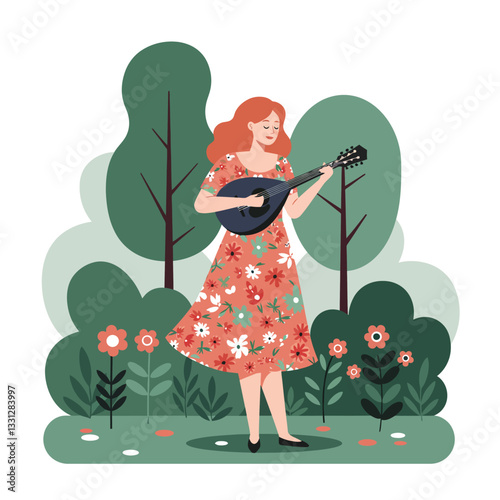 Woman playing mandolin in floral dress surrounded by trees and flowers flat vector art