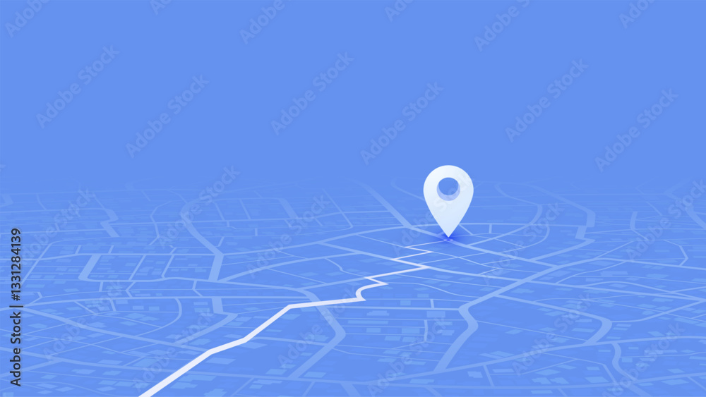 Map navigation. Route planning, location tracking. Abstract city map with GPS pin. Perspective cityscape navigation. Urban streets with marked path. Vector illustration