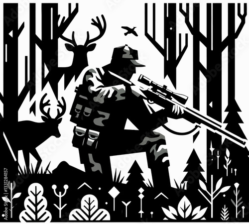 Logo vectoriel de la silhouette d’un chasseur avec fusil dans la nature, en style design plat sur fond clipart transparent isolé au format vectoriel, parfait pour le branding et projets outdoor.