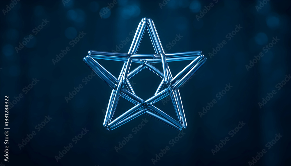 Abstract metallic star shape against a dark blue bokeh background Abstract metallic star shape against a dark blue bokeh background
