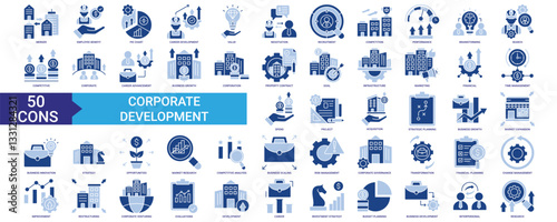 Corporate Development icon collection set. Containing merger, employee benefit, value, performance, competitive icon. Simple flat vector.