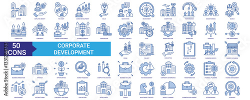 Corporate Development icon collection set. Containing merger, employee benefit, value, performance, competitive icon. Simple blue vector.
