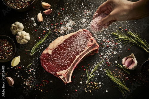 Raw Bistecca alla Fiorentina being salted on dark background photo