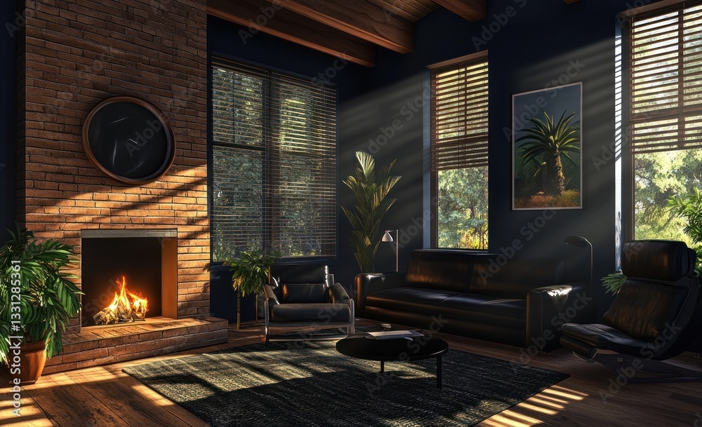 Fototapeta premium Rustic living room, sunlight streams through windows, fireplace