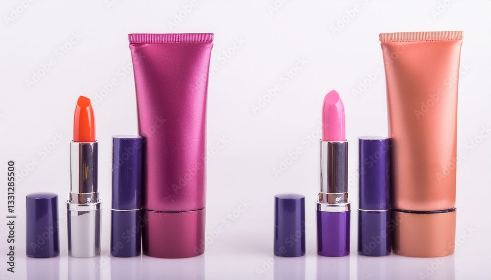 Fototapeta premium cosmetics products set on a reflective surface, featuring lipsticks and creams
