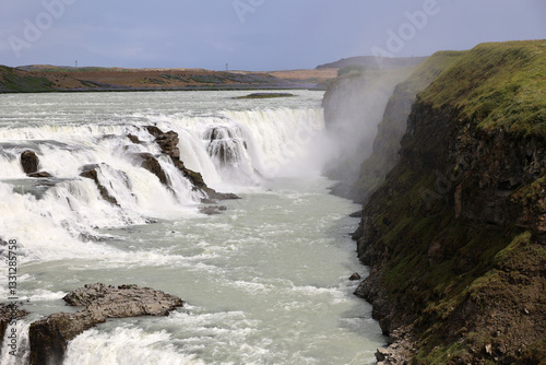 The upper cascade of Gullfoss Waterfall - a waterfall on the Hvítá River in Haukadalur in southern Iceland