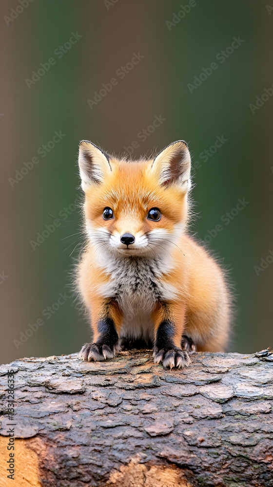Obraz premium Adorable red fox kit sitting on a log, looking directly at the camera