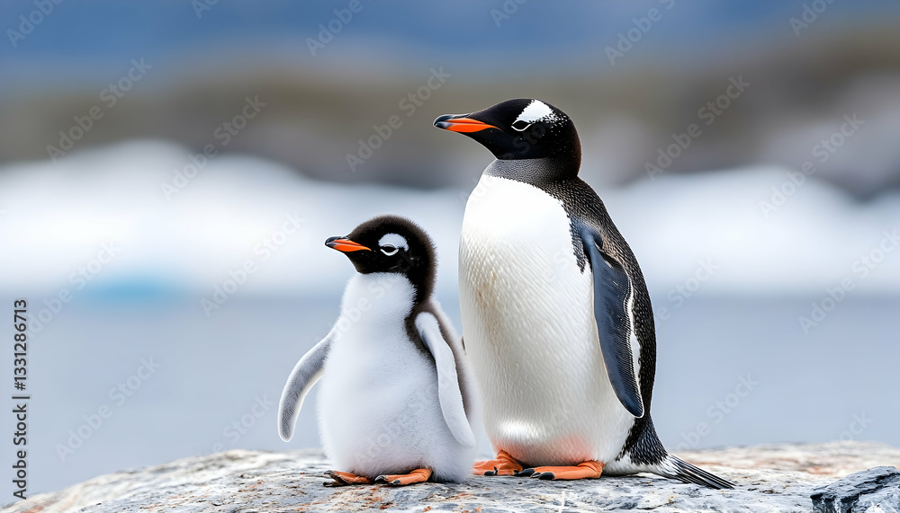 Obraz premium Adult and chick penguin on rock, Antarctic landscape