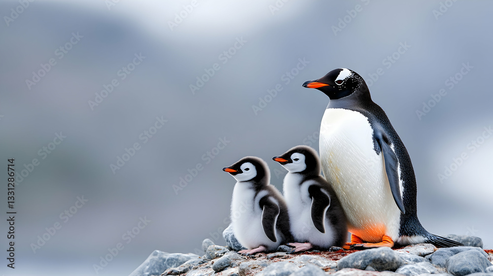 Obraz premium Adult penguin with two chicks on rocks, Antarctic landscape