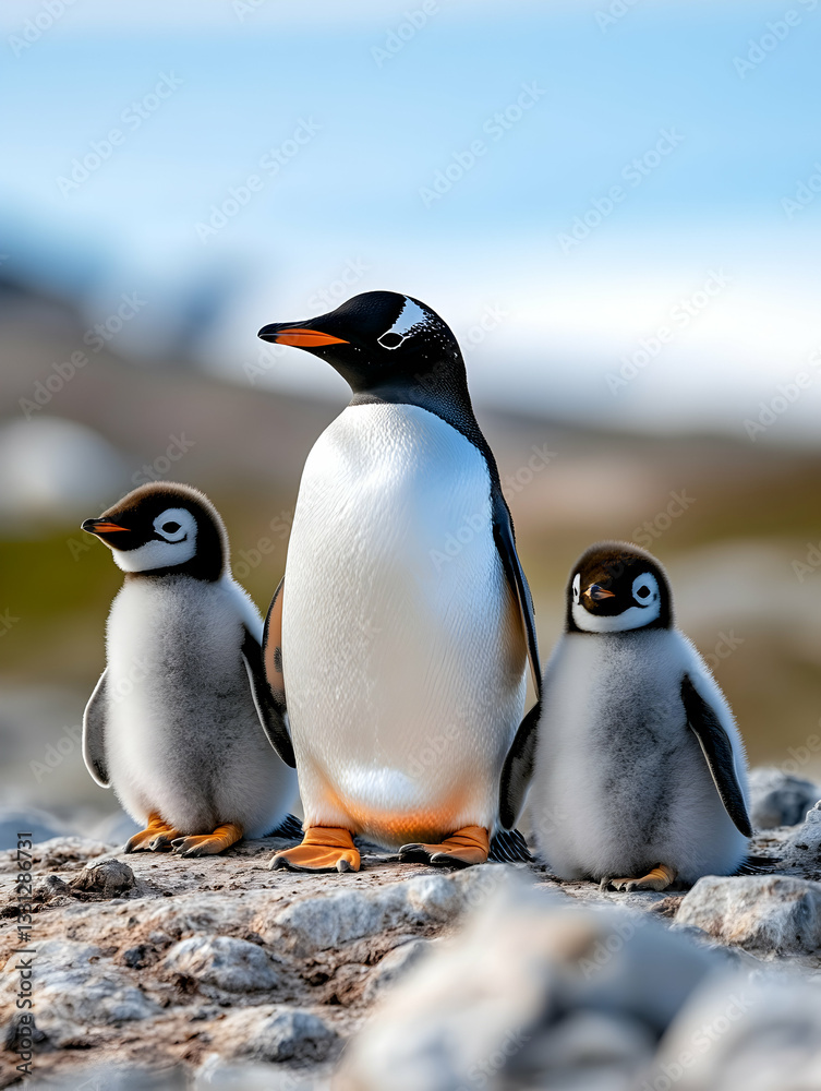Obraz premium Adult penguin with two fluffy chicks on rocky ground