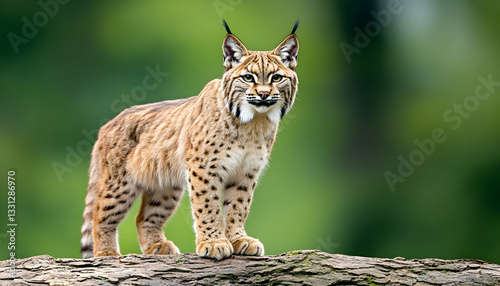 Alert bobcat standing on a log, gazing intently