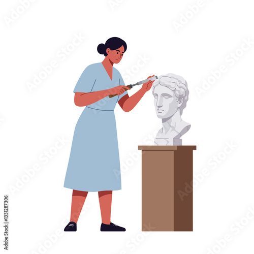 Sculptor shaping marble bust in flat style vector art