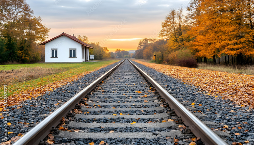 Fototapeta premium Autumnal train tracks vanishing into sunset, beside a small house and colorful trees