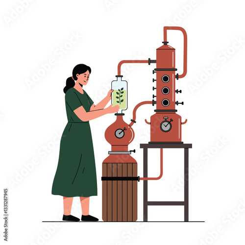 Woman operating a distillation apparatus in a minimal flat vector illustration