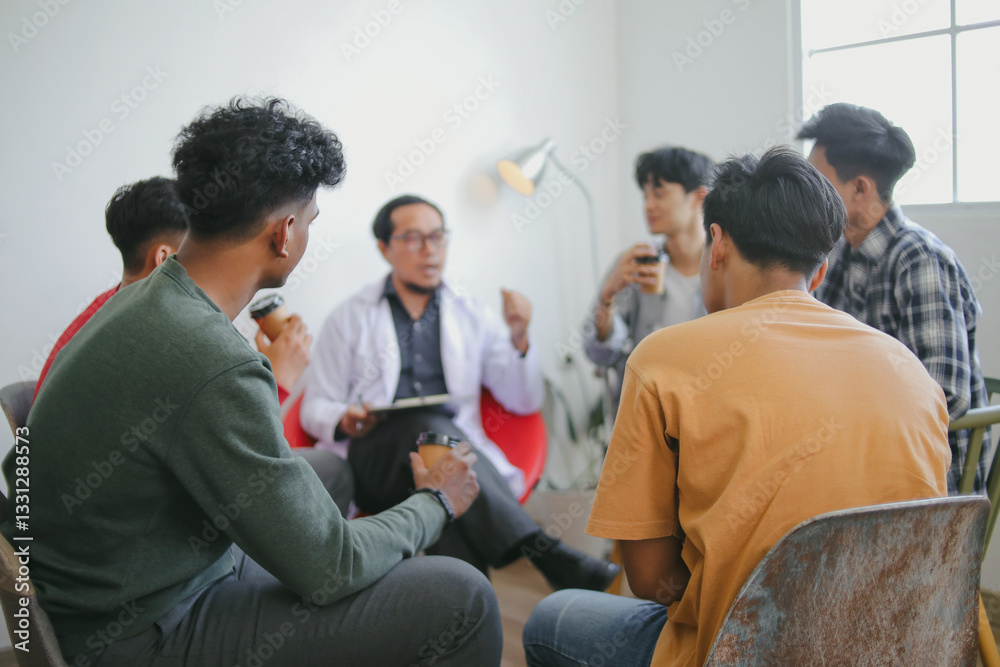 The Caregiver Therapist Sits With Group Of Diverse People In A Circle For Checking Physical And Mental Health On Group Therapy Session The Caregiver Therapist Sits With Group Of Diverse People In A Circle For Checking Physical And Mental Health On Group Therapy Session