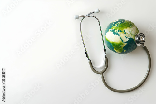 Stethoscope with a green Earth on a white background, symbolizing World Health Day with copy space for text.