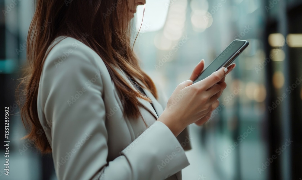 Woman using smartphone in a modern urban setting. Woman using smartphone in a modern urban setting.