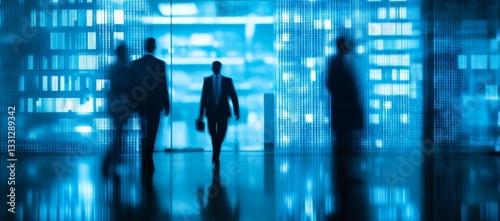 A group of people are walking through a building with a blue background