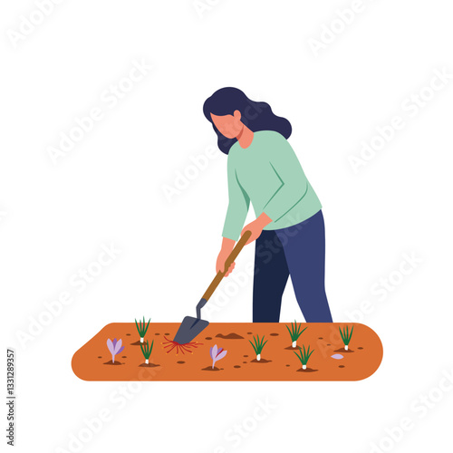Woman gardening with a shovel in a flat minimal vector illustration
