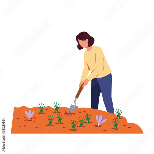 Gardener tending to plants in a colorful flat vector illustration