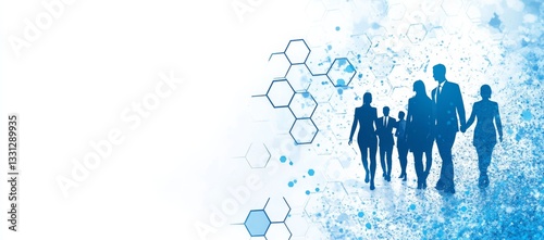 A group of people are walking in a blue background with a white background