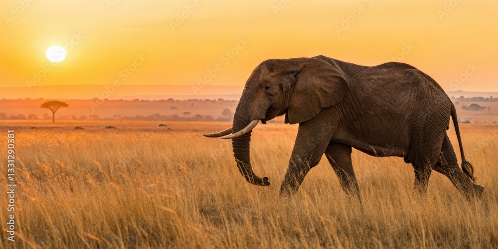 Fototapeta premium Majestic african elephant at sunset on the savannah nature photography golden hour serene landscape wild animal concept