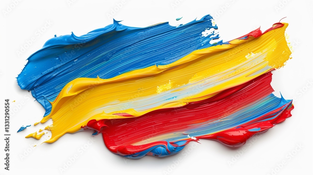 Fototapeta premium A textured canvas with bold acrylic paint strokes in red, blue, and yellow, isolated on a white background.