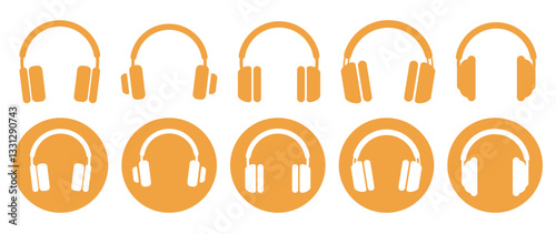 Headphones icon collection. Graphic web label of earphone. Sound symbol. Device for listening to music. Button or sign for online shop, sites and mobile app interfaces. Customer service, support