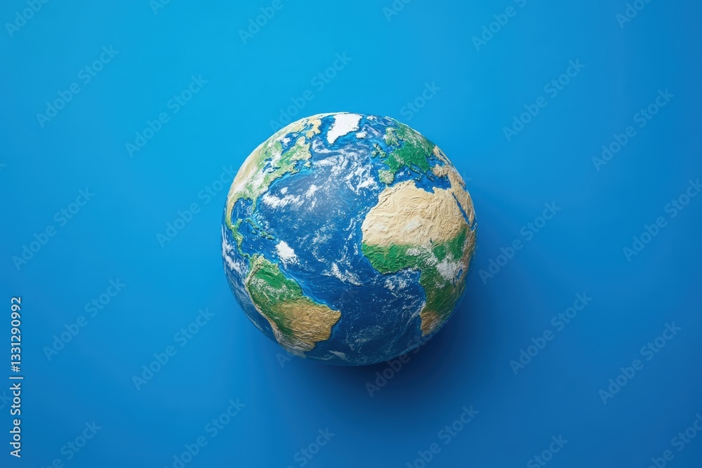 A spherical earth model floats on a vivid blue surface A spherical earth model floats on a vivid blue surface