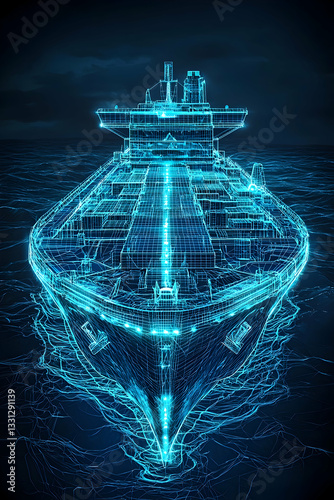 Cargo ship depicted as a detailed blue wireframe with LED highlights outlining its hull and deck, set against a dark ocean background.