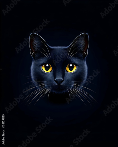 Close-up portrait of a black cat with bright yellow eyes against a dark background